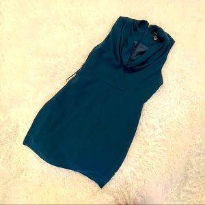 Super stylish dark teal cowl neck fitted dress